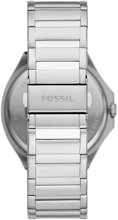 Caseback view of Fossil Evanston watch showing stainless steel bracelet and case