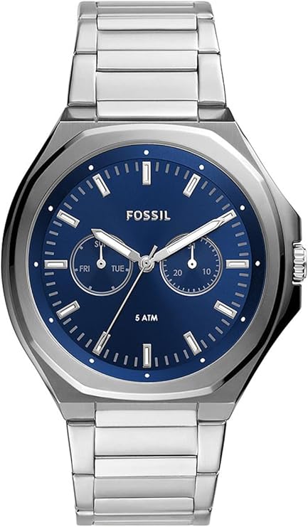 Fossil Evanston watch with blue dial, chronograph subdials, and stainless steel bracelet