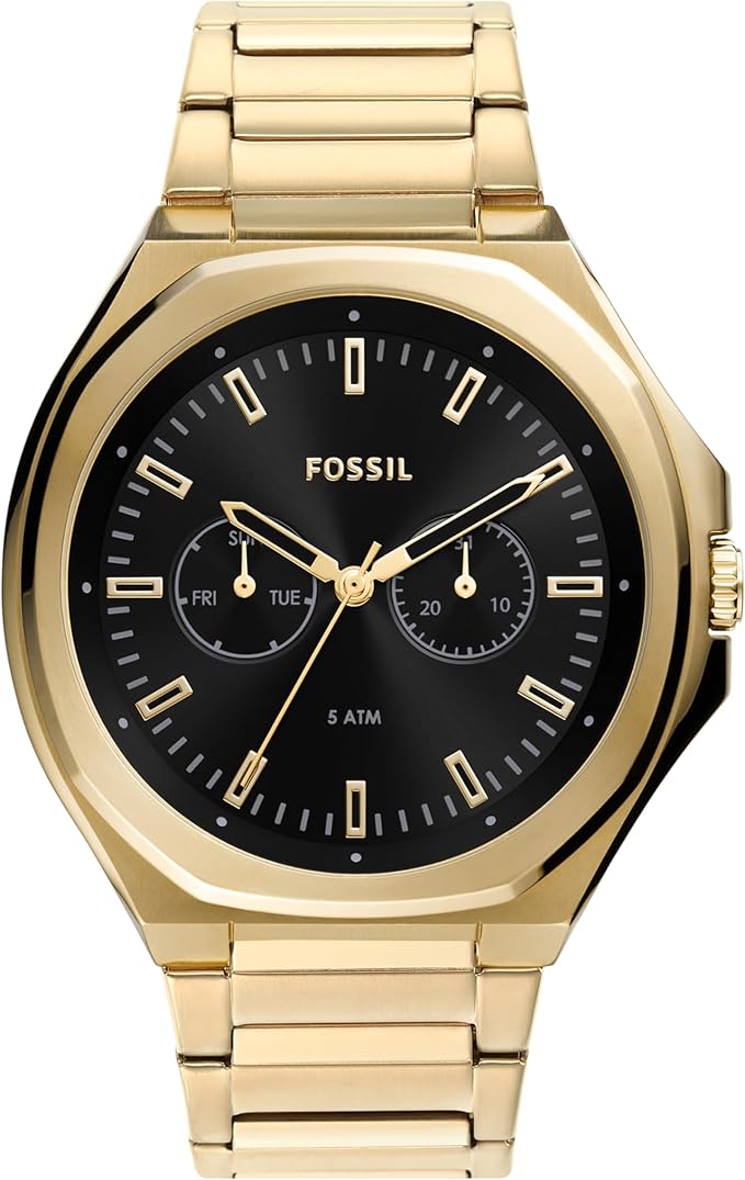 Fossil Evanston gold-tone watch with black dial and multifunction chronograph subdials