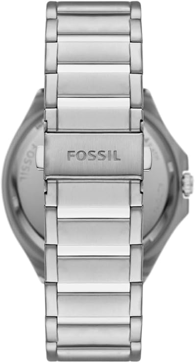 Fossil Evanston watch caseback showing stainless steel bracelet and Fossil branding
