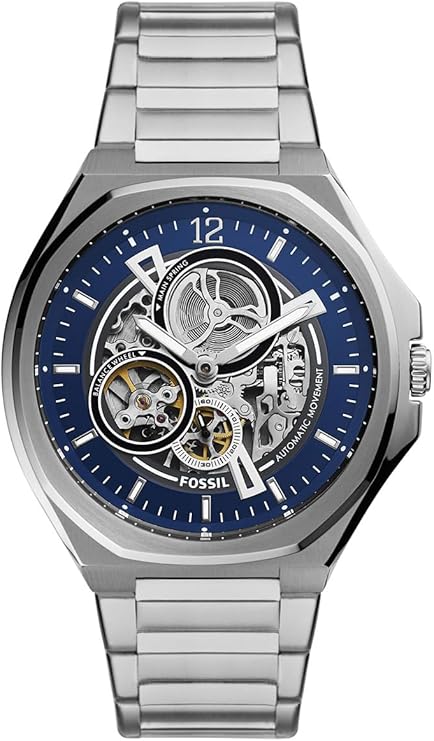 Fossil Evanston automatic watch with blue skeleton dial and visible movement, stainless steel case