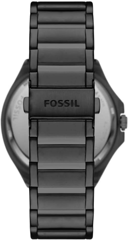 Caseback view of Fossil Evanston watch showing black stainless steel bracelet and band