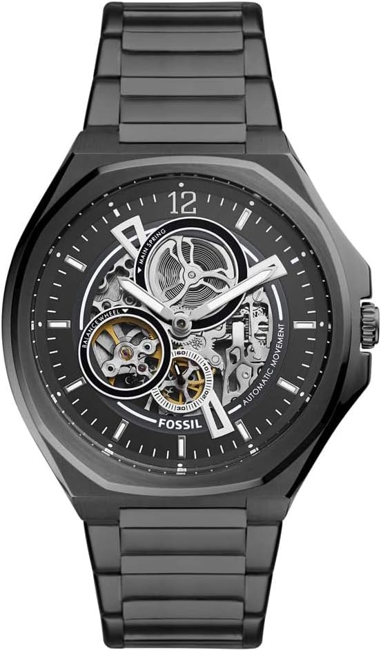 Fossil Evanston automatic watch with black stainless steel case and skeleton dial showing visible movement