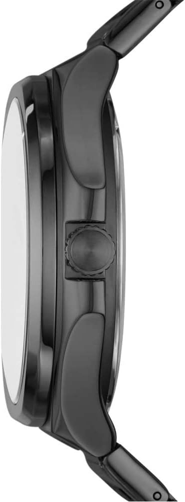 Side profile of Fossil Evanston watch showing case depth and black stainless steel construction