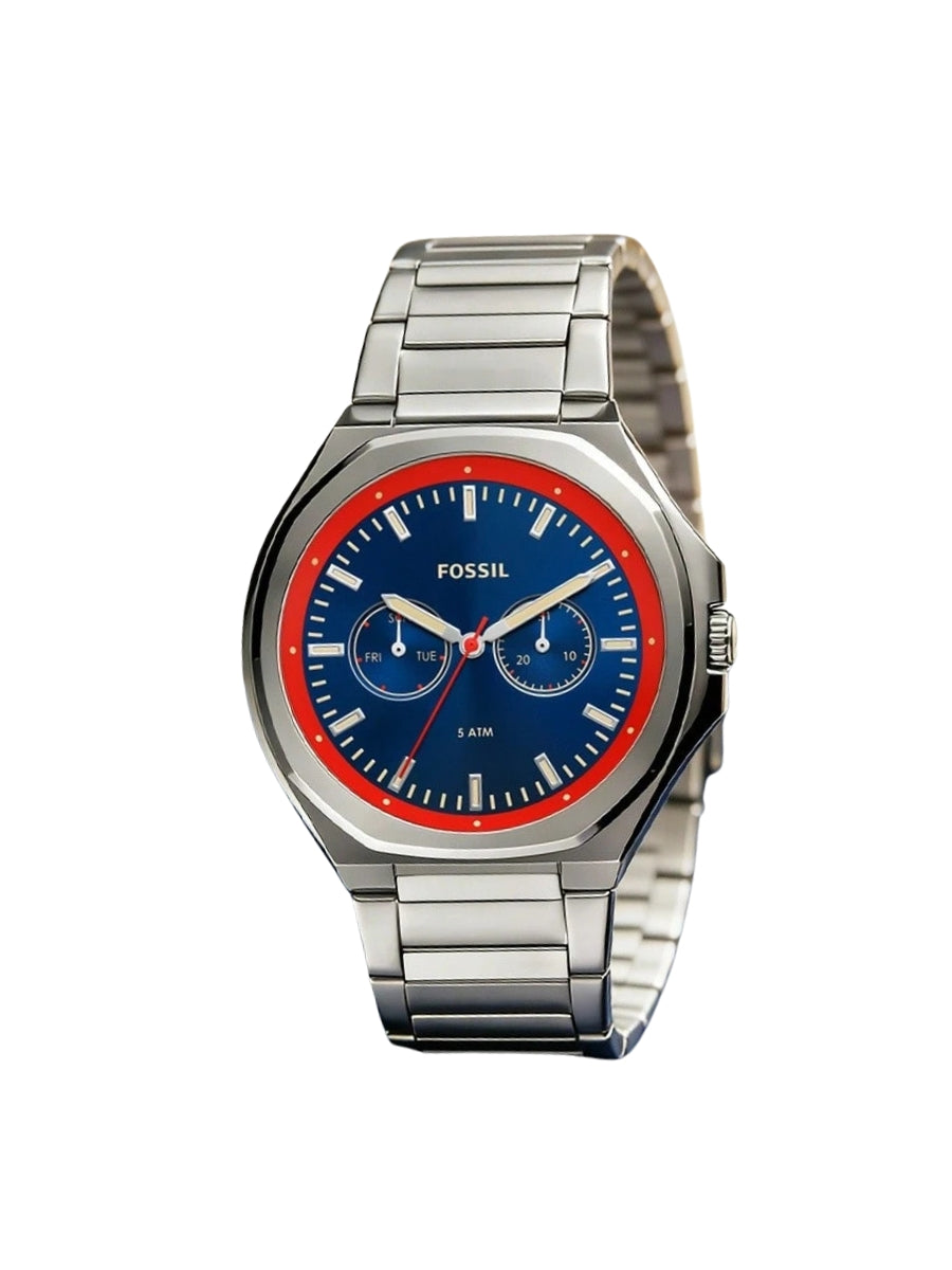 Fossil Evanston stainless steel watch with blue dial and red bezel