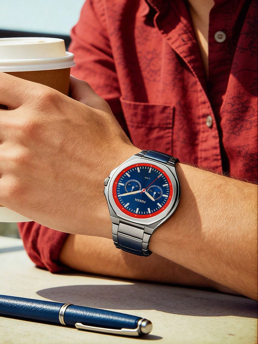 Fossil Evanston watch worn on wrist with stainless steel band