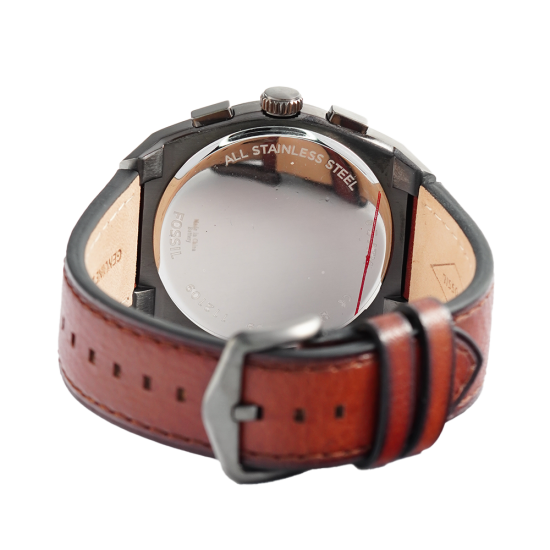 Caseback view of Fossil Everett showing all stainless steel case construction and leather strap
