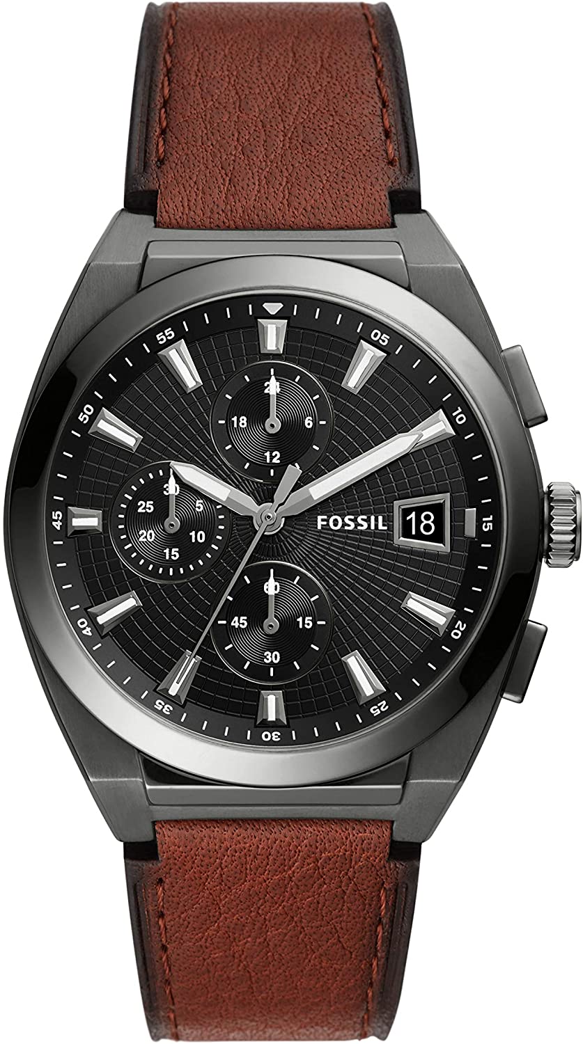 Fossil Everett chronograph watch with grey dial, stainless steel case and cognac leather strap