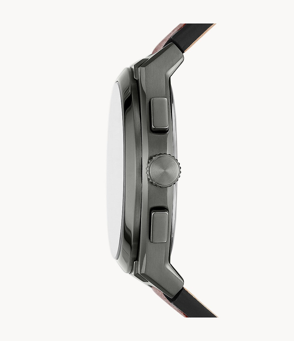 Side profile of Fossil Everett watch showing chronograph pushers and stainless steel case