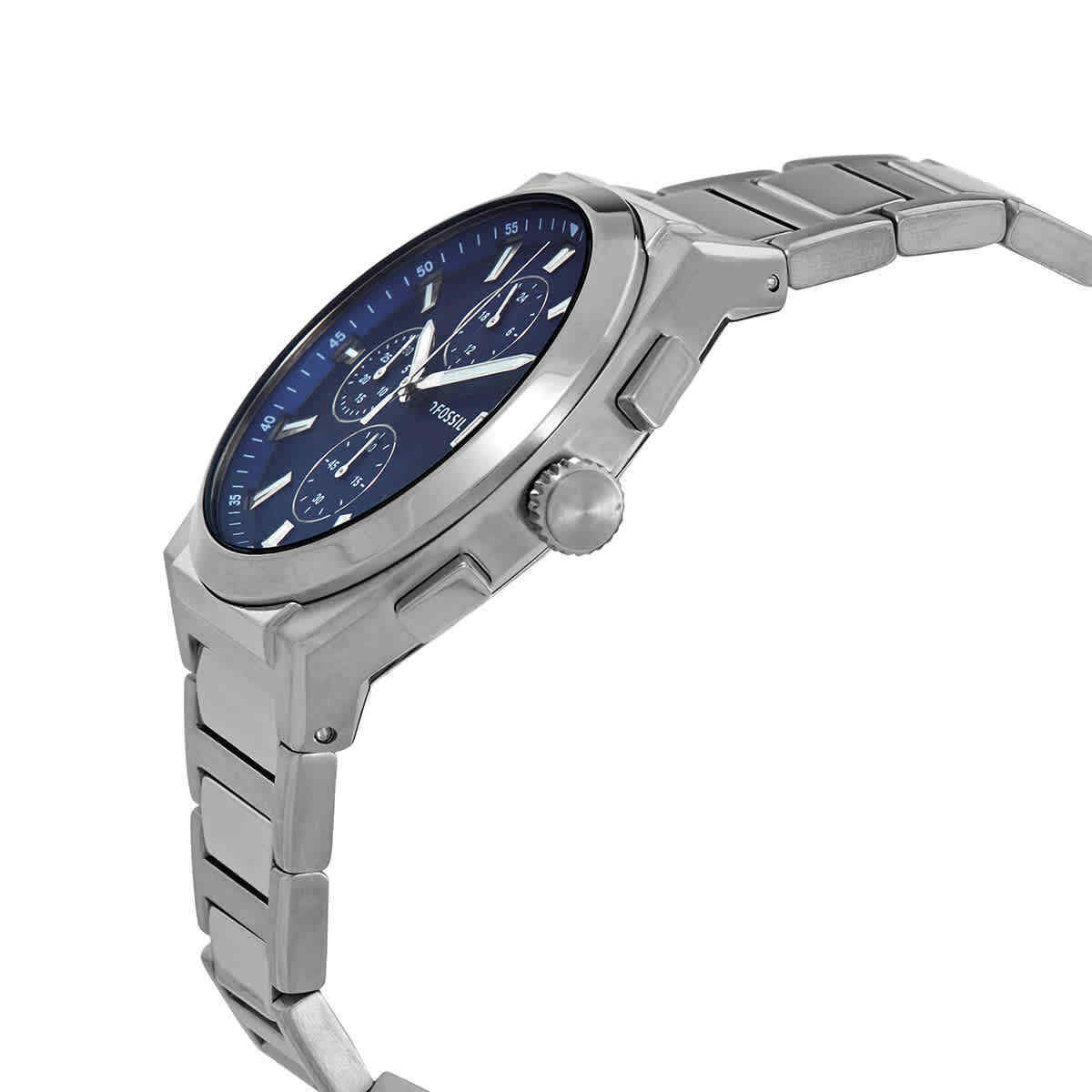 Side angle view of Fossil Everett chronograph watch showing blue dial and stainless steel bracelet