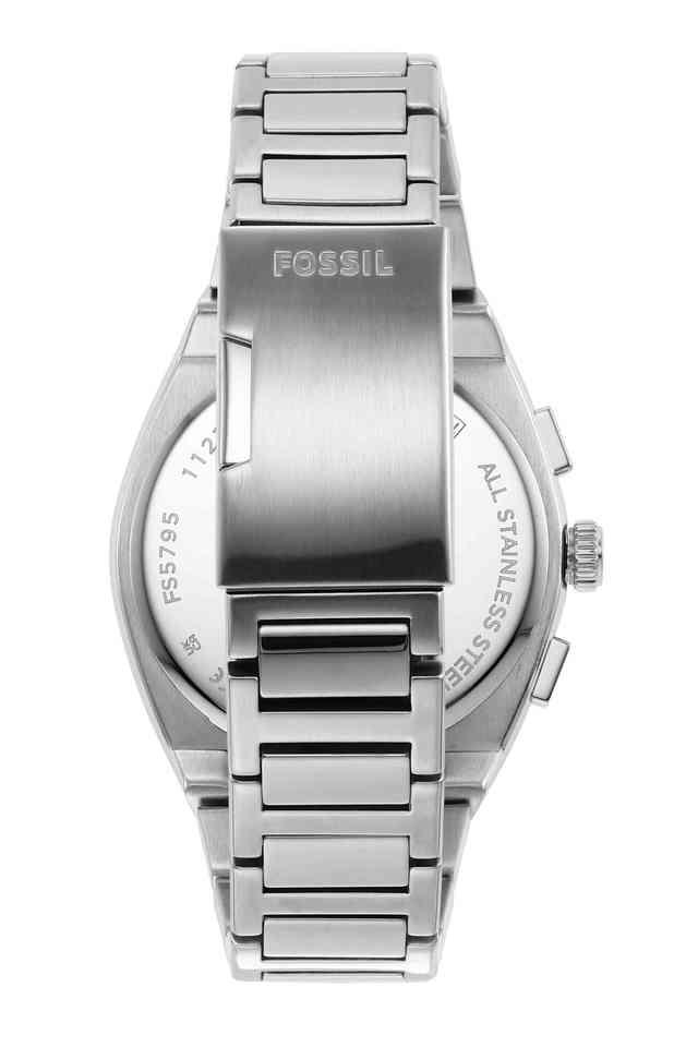 Caseback of Fossil Everett chronograph watch showing stainless steel with Fossil branding
