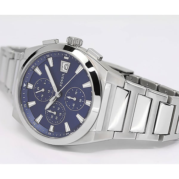 Side view of Fossil Everett chronograph watch with blue dial and polished stainless steel case
