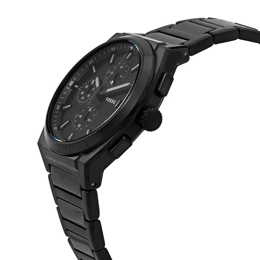 Fossil Everett chronograph watch displayed at angle showing side profile and black metal band