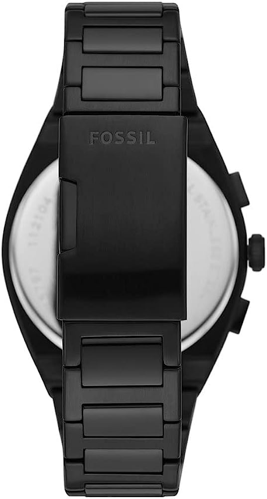 Fossil Everett watch caseback showing stainless steel bracelet and closed case