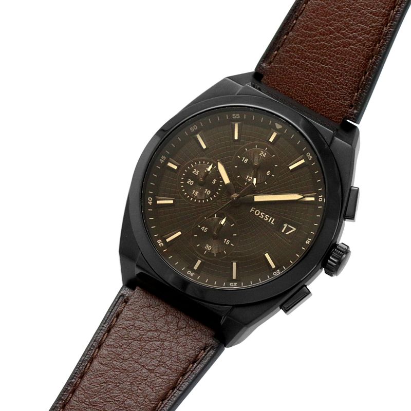 Angled view of Fossil Everett chronograph watch with brown leather strap and black case