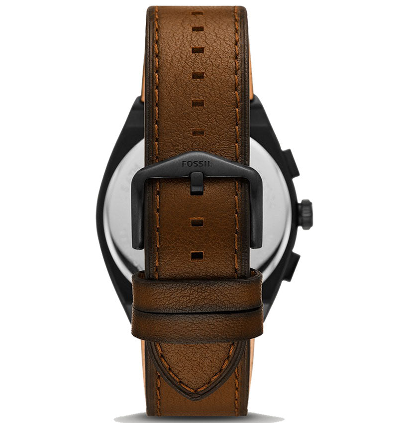 Caseback view of Fossil Everett watch showing brown leather strap with stitch details