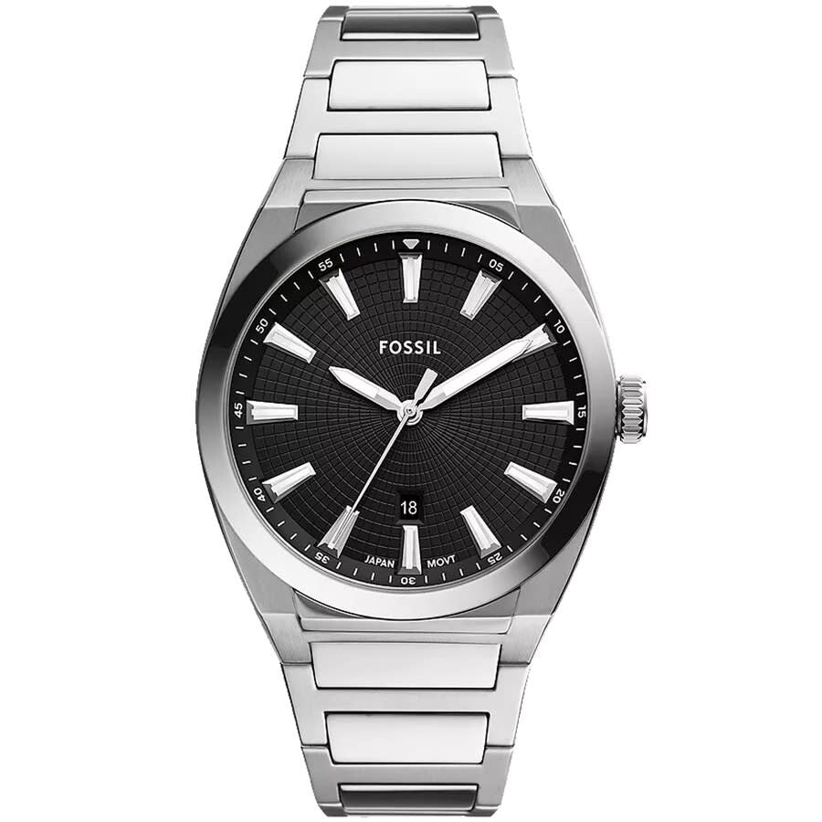 Fossil Everett stainless steel watch with black dial and date window