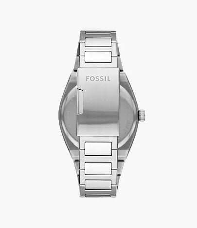 Fossil Everett caseback showing stainless steel case and bracelet