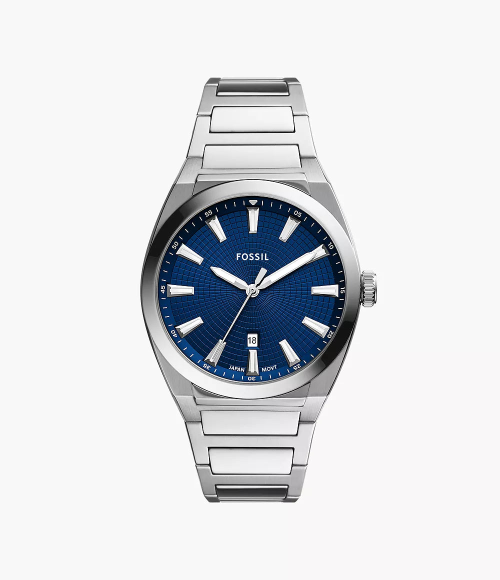 Fossil Everett stainless steel watch with blue dial and date window