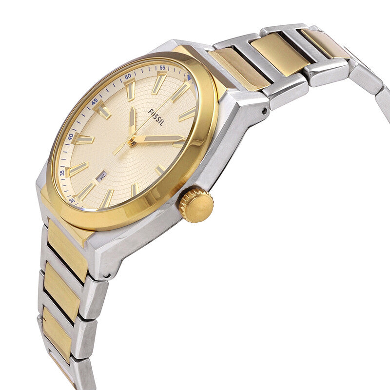 Fossil Everett watch side view showing two-tone case and bracelet with gold-tone elements
