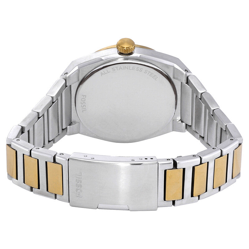Fossil Everett watch case back and bracelet detail showing stainless steel construction