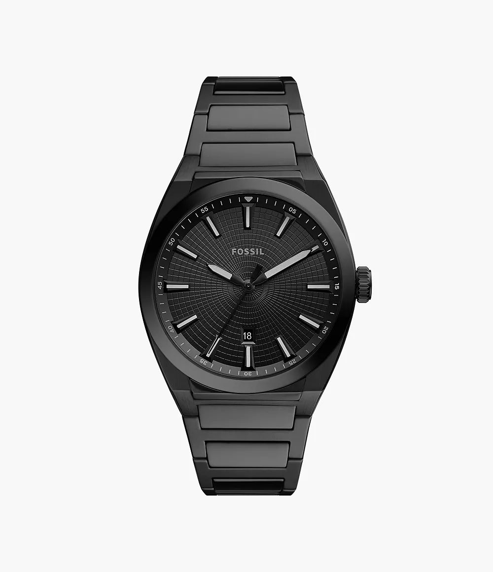 Fossil Everett black stainless steel watch with three-hand dial and date window