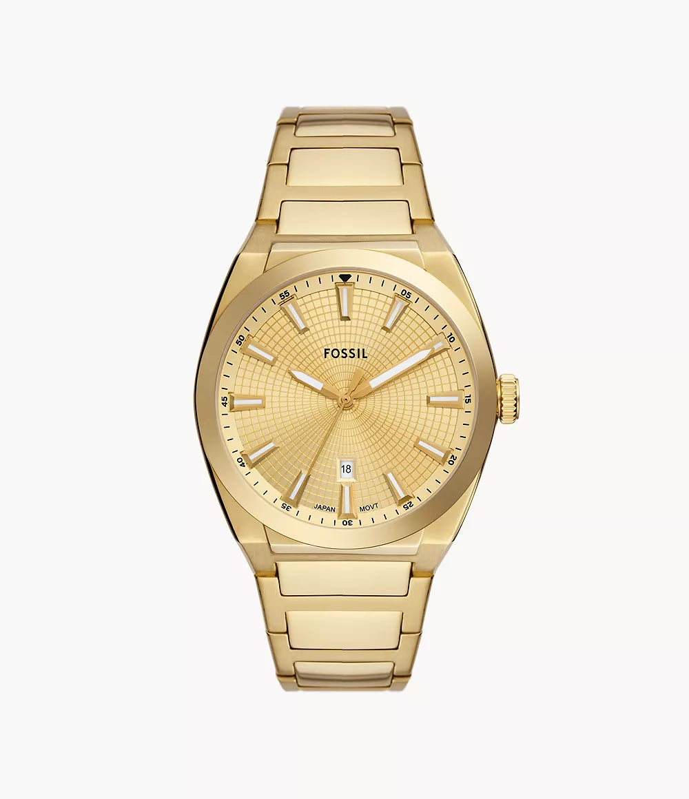 Fossil Everett gold-tone stainless steel watch with date window and textured dial