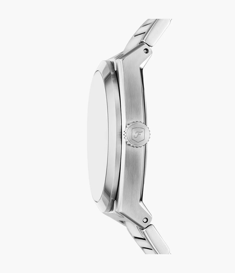 Angled side profile of Fossil Everett FS6054 stainless steel case and bracelet