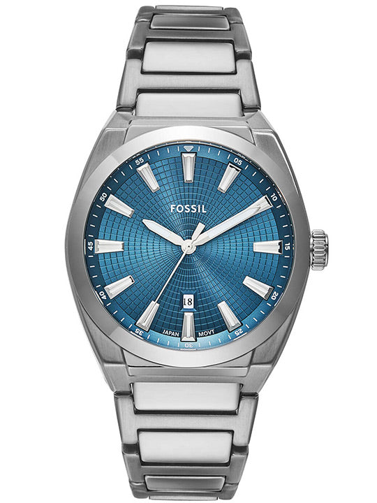 Fossil Everett FS6054 stainless steel watch with blue dial and date window