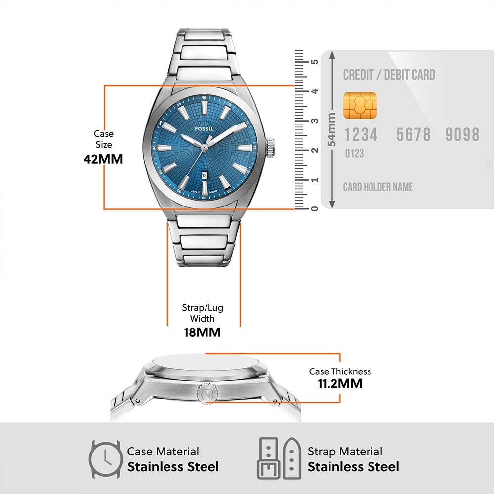 Fossil Everett FS6054 specifications showing 42mm case size, 18mm strap width, 11.2mm thickness