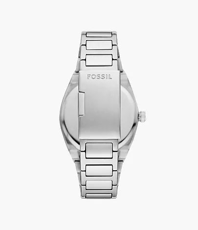 Fossil Everett watch caseback showing brushed stainless steel and bracelet