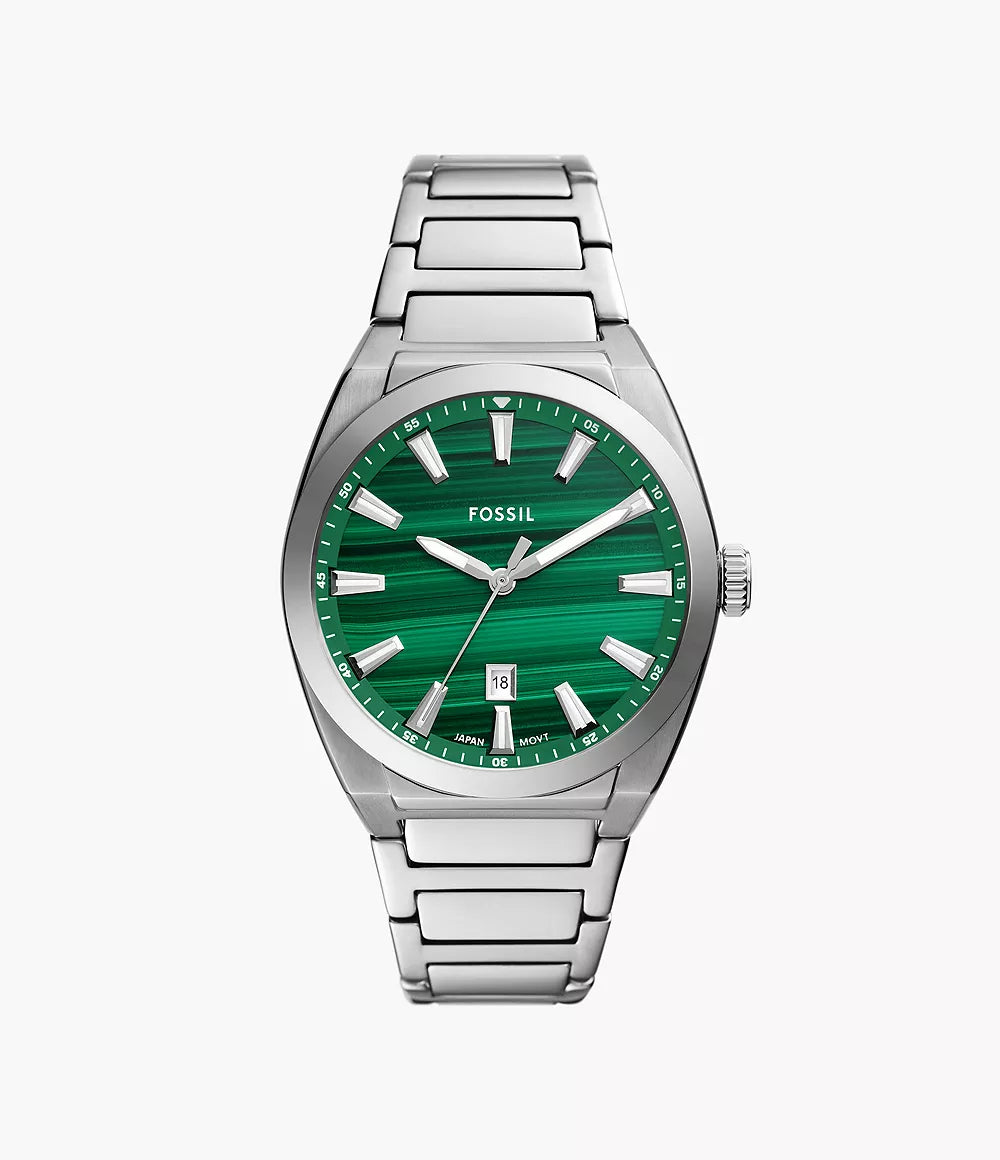 Fossil Everett watch with green dial, three-hand movement, and stainless steel bracelet