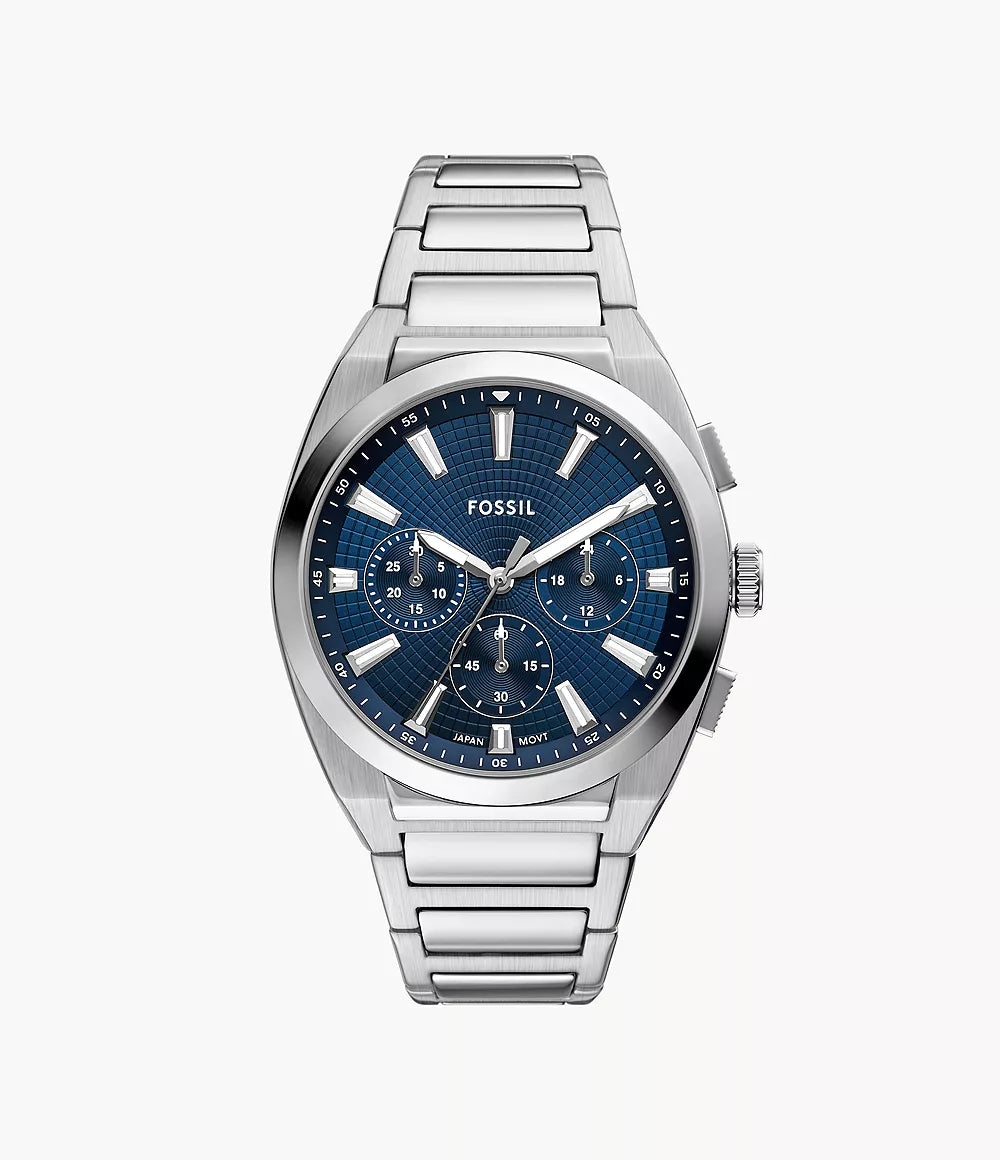 Fossil Everett FS6104 chronograph watch with blue dial and stainless steel bracelet