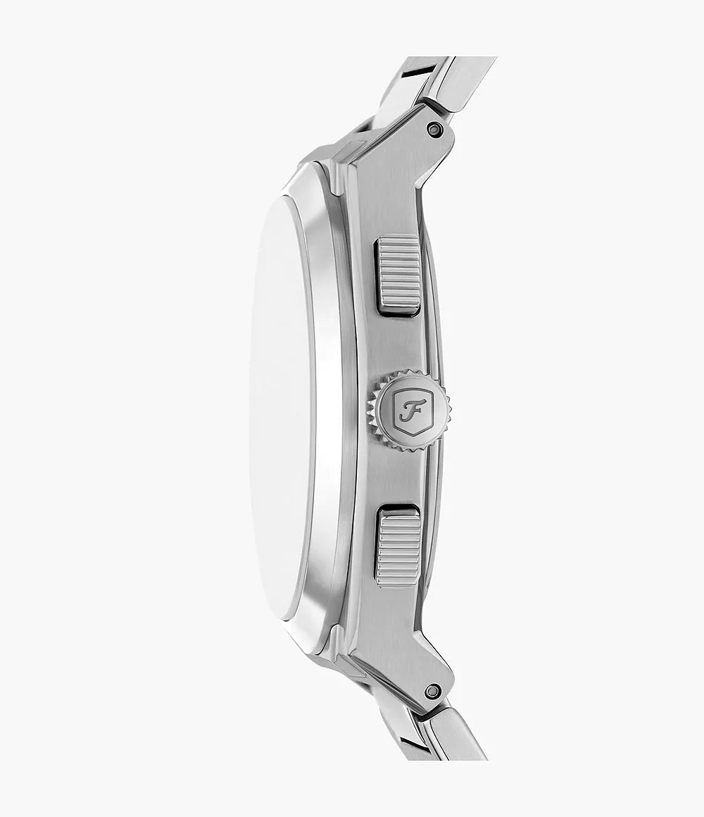 Fossil Everett FS6104 chronograph watch side profile showing stainless steel case and pushers