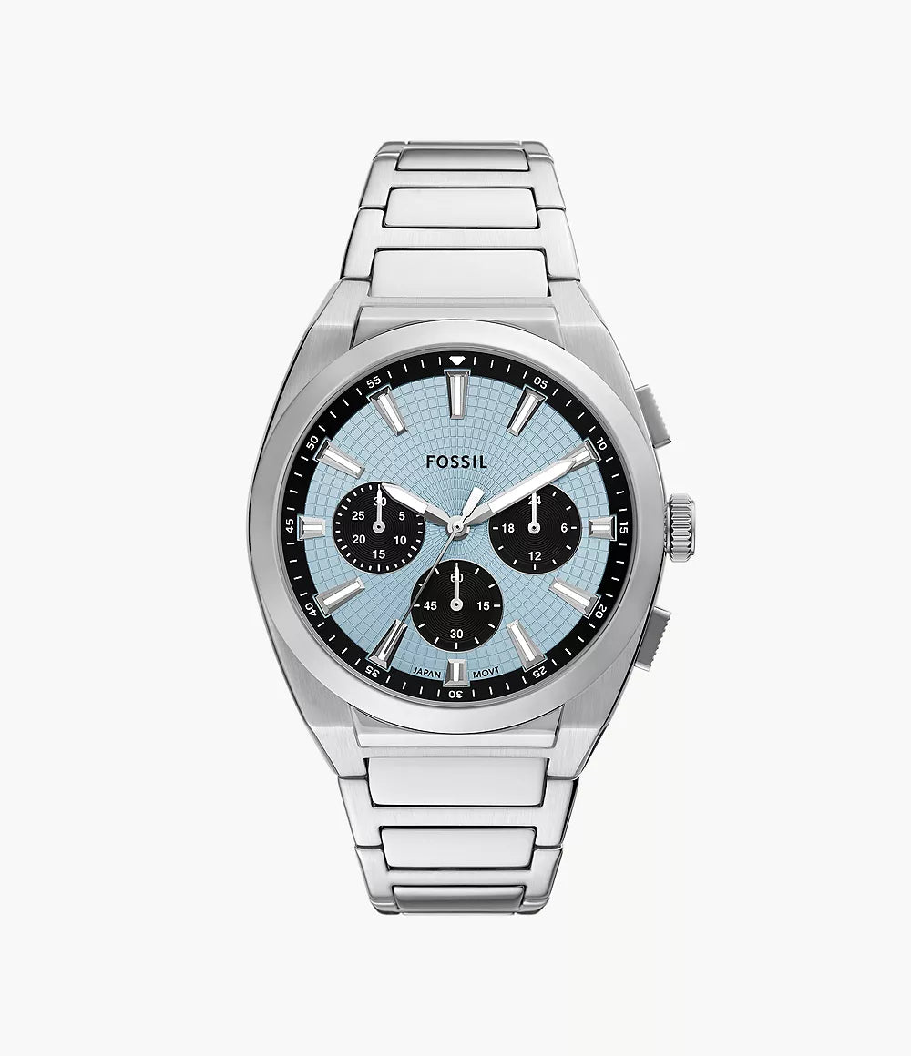 Fossil Everett chronograph watch with light blue dial, black subdials, and stainless steel bracelet