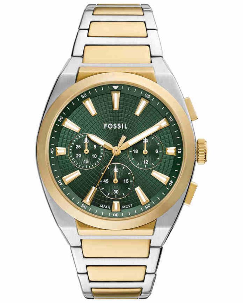 Fossil Everett chronograph watch with two-tone stainless steel bracelet and green dial