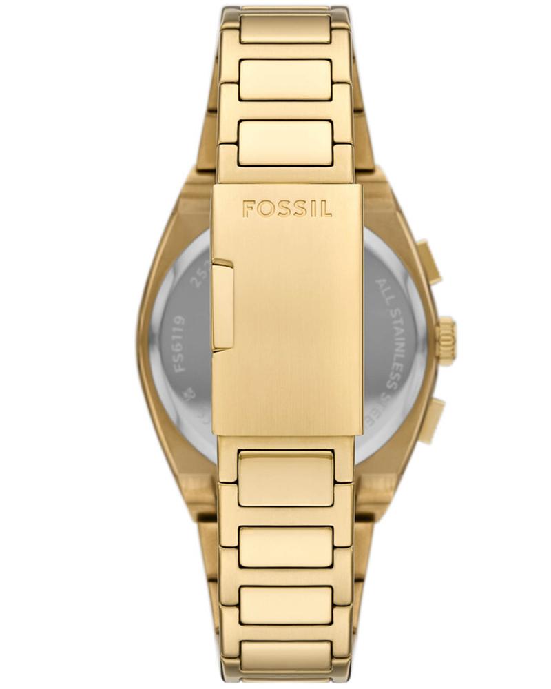 Back view of Fossil Everett watch displaying case back and gold-tone bracelet