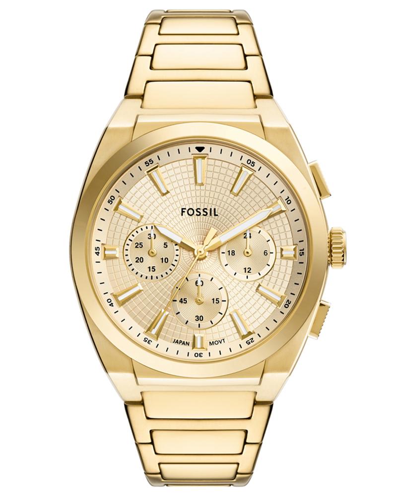 Fossil Everett chronograph watch with gold-tone stainless steel case and bracelet, cream dial with three subdials