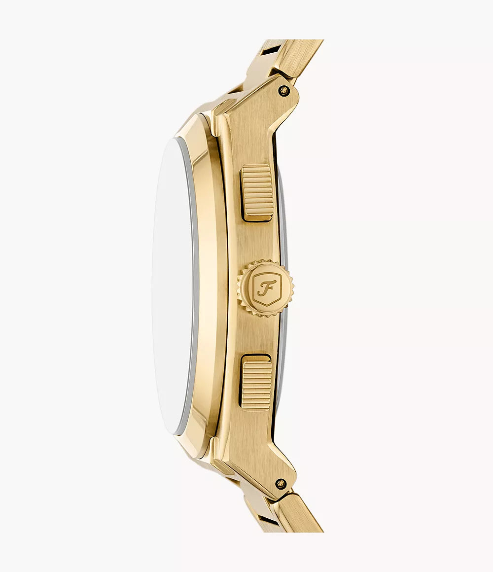 Side profile of Fossil Everett gold-tone stainless steel chronograph watch showing case thickness