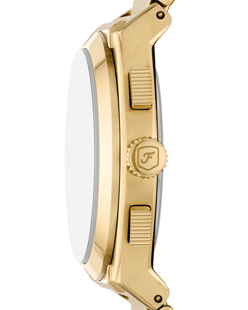 Side view of Fossil Everett gold-tone watch showing chronograph pushers and Fossil logo on bezel