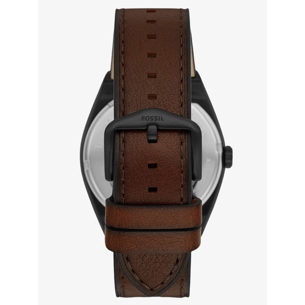 Fossil Everett watch shown from back with dark brown leather strap and black case