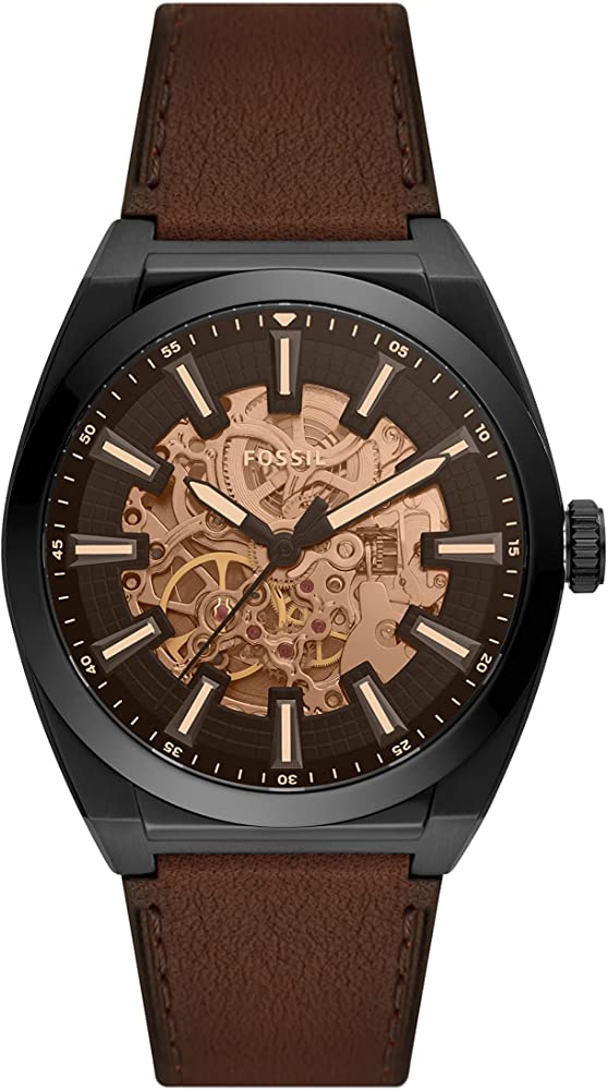 Fossil Everett automatic watch with skeleton dial, dark brown leather strap, and black case