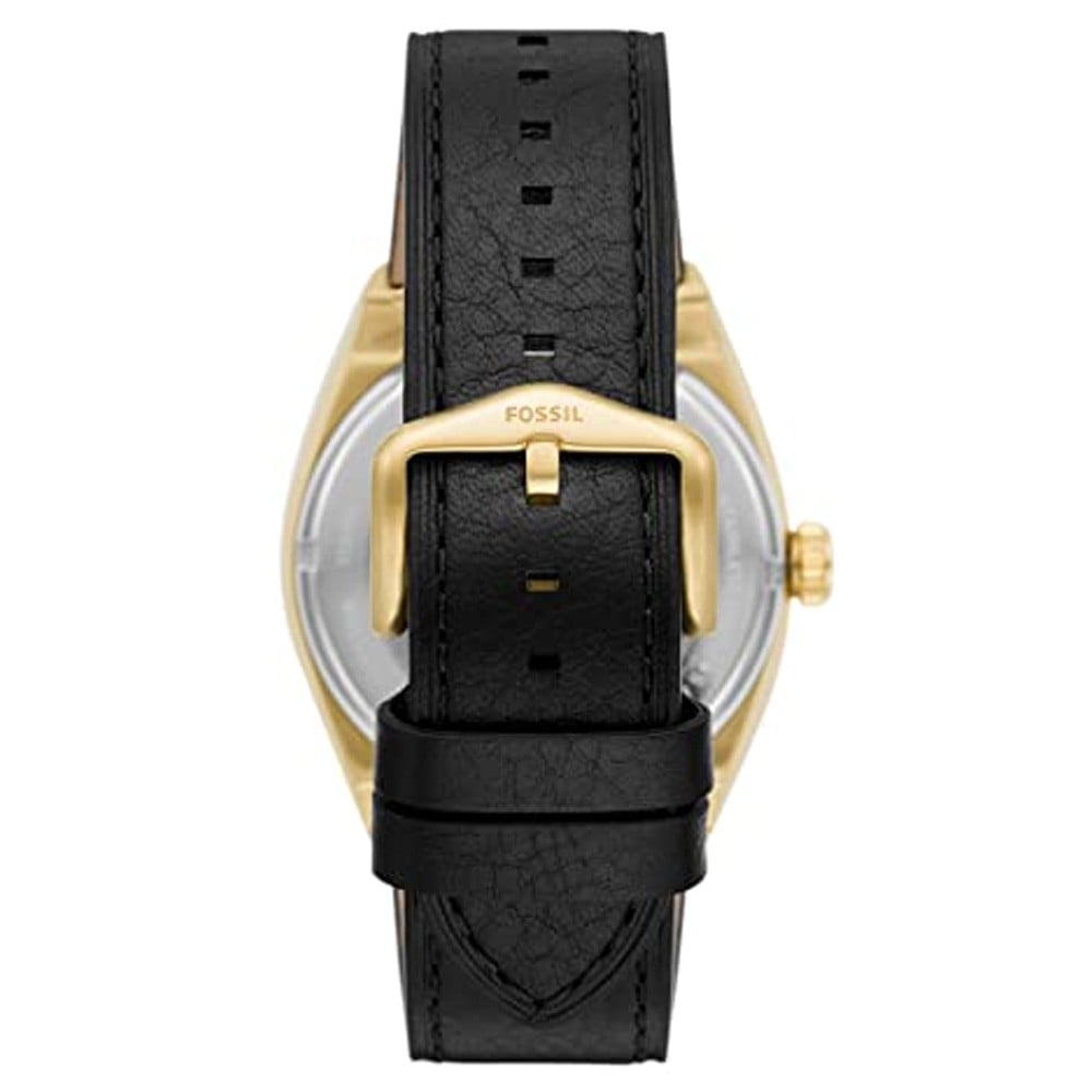 Case back of Fossil Everett watch with black leather strap and gold-tone buckle