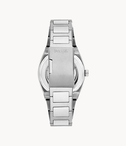 Fossil Everett watch side view showing stainless steel bracelet and case profile