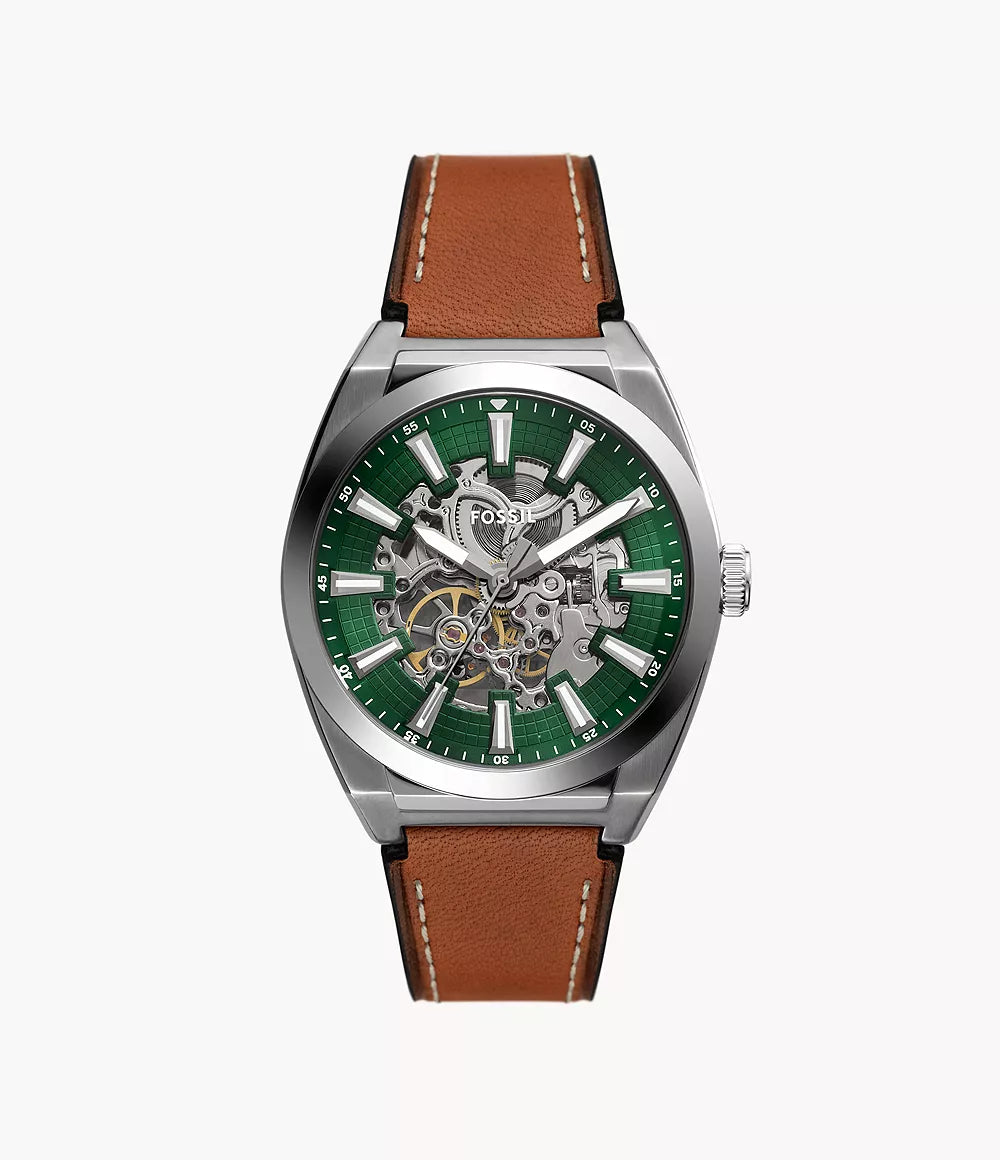 Fossil Everett automatic men's watch with green dial, skeleton movement, stainless steel case and brown leather strap