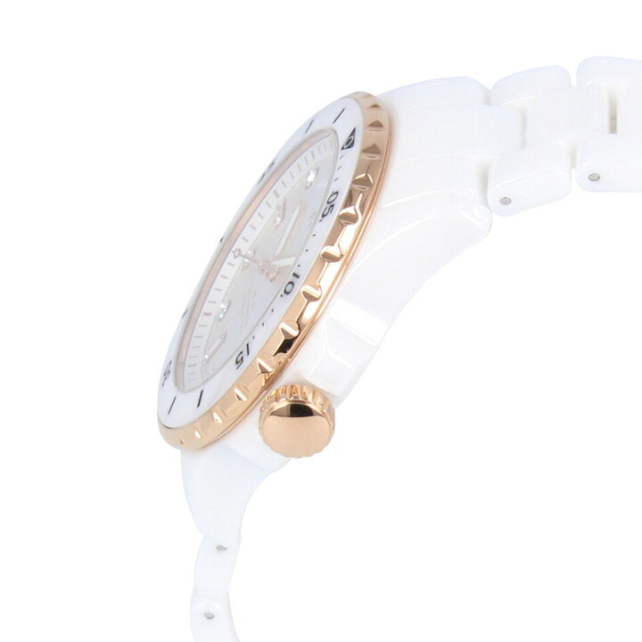 Fossil FB-01 watch side view showing white ceramic case, rose gold crown, and white ceramic bracelet
