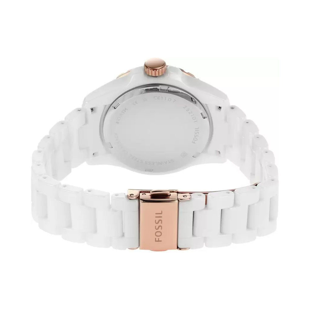 Fossil FB-01 watch back view showing caseback, rose gold crown, and white ceramic bracelet with rose gold clasp