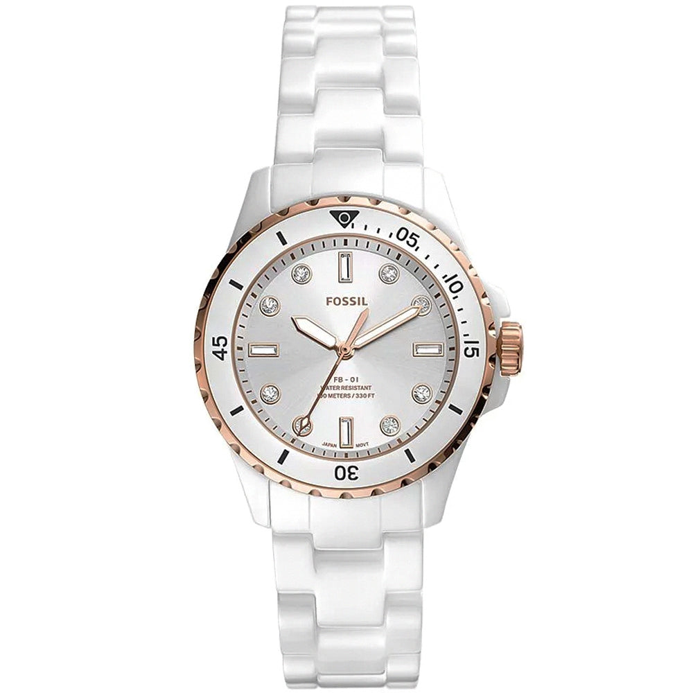 Fossil FB-01 white ceramic watch with crystal white dial, rose gold bezel and hands, white ceramic bracelet