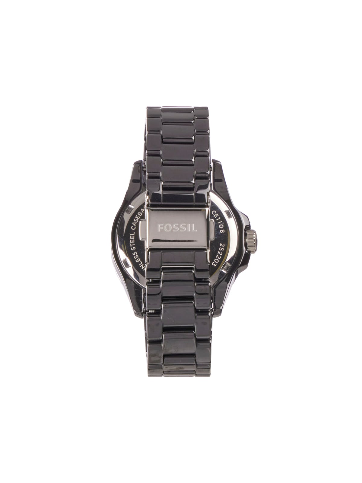 Caseback view of Fossil FB-01 watch with ceramic band
