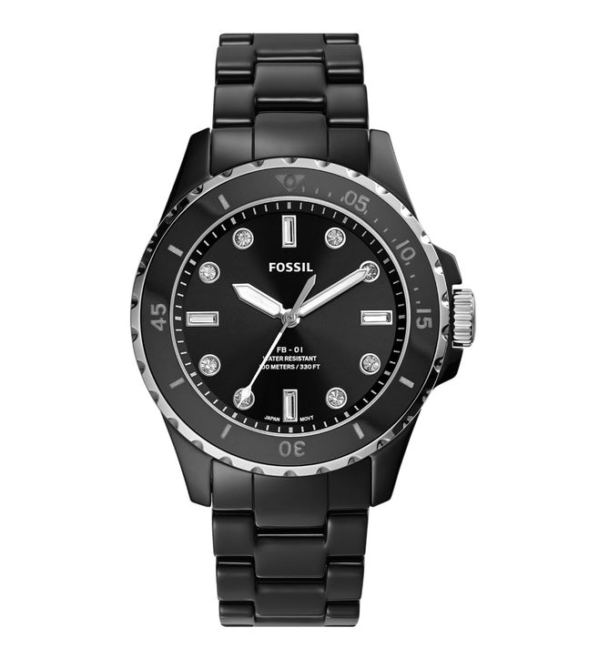 Fossil FB-01 black dial quartz watch with ceramic band and diamond indices